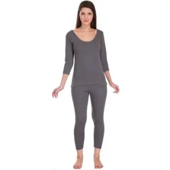 Grey Self Design Cotton Blend Thermal Wear